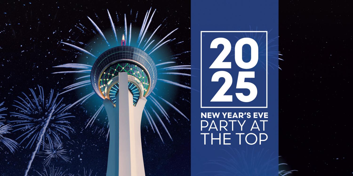 2025 New Year's Eve Party at the top with a photo of the Tower with fireworks 